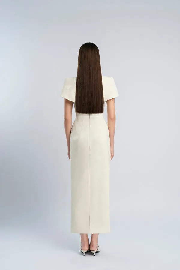 v-cut neckline maxi dress in beige Gloria Lanvin