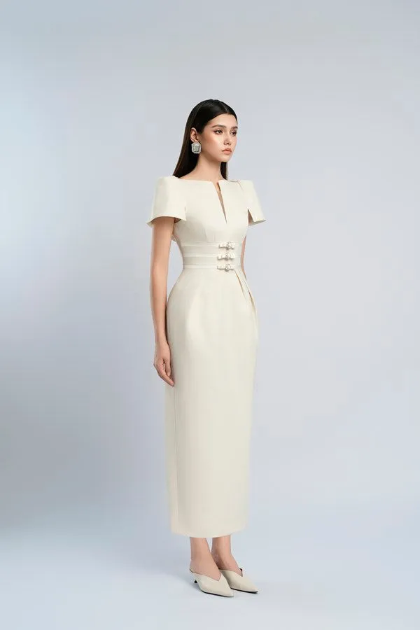 v-cut neckline maxi dress in beige Gloria Lanvin