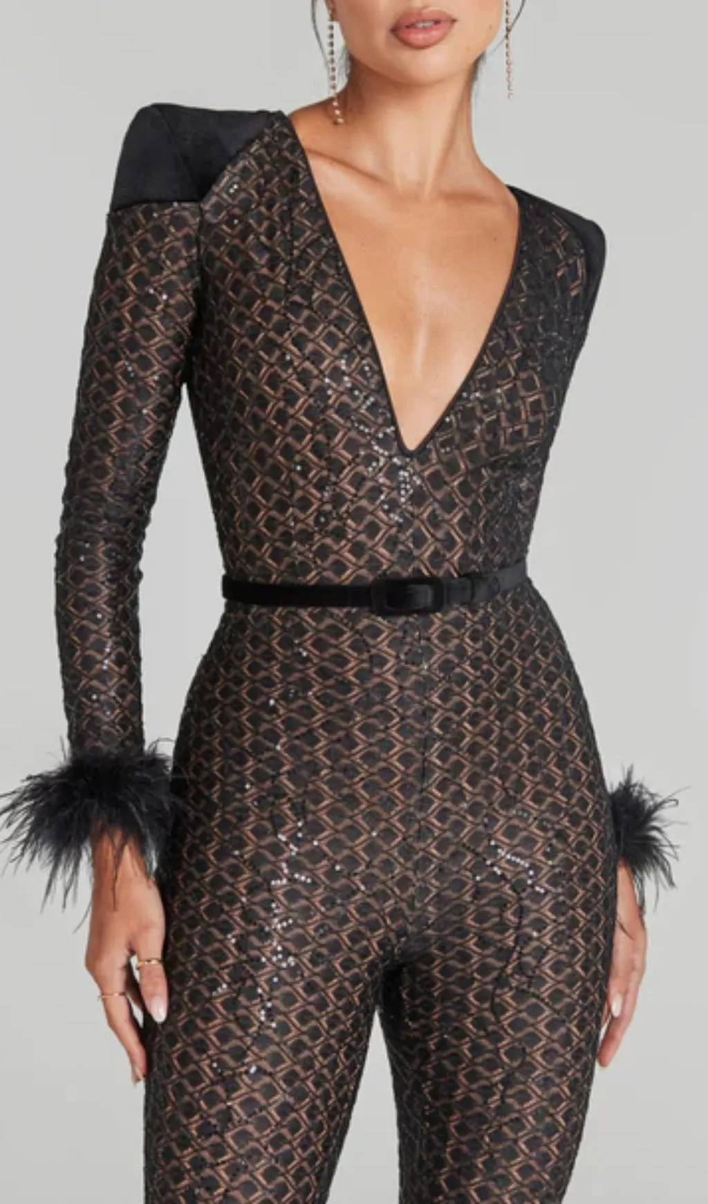 V NECK BANDAGE JUMPSUIT IN BLACK Gloria Lanvin