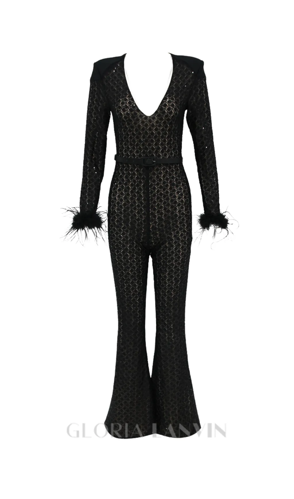 V NECK BANDAGE JUMPSUIT IN BLACK Gloria Lanvin
