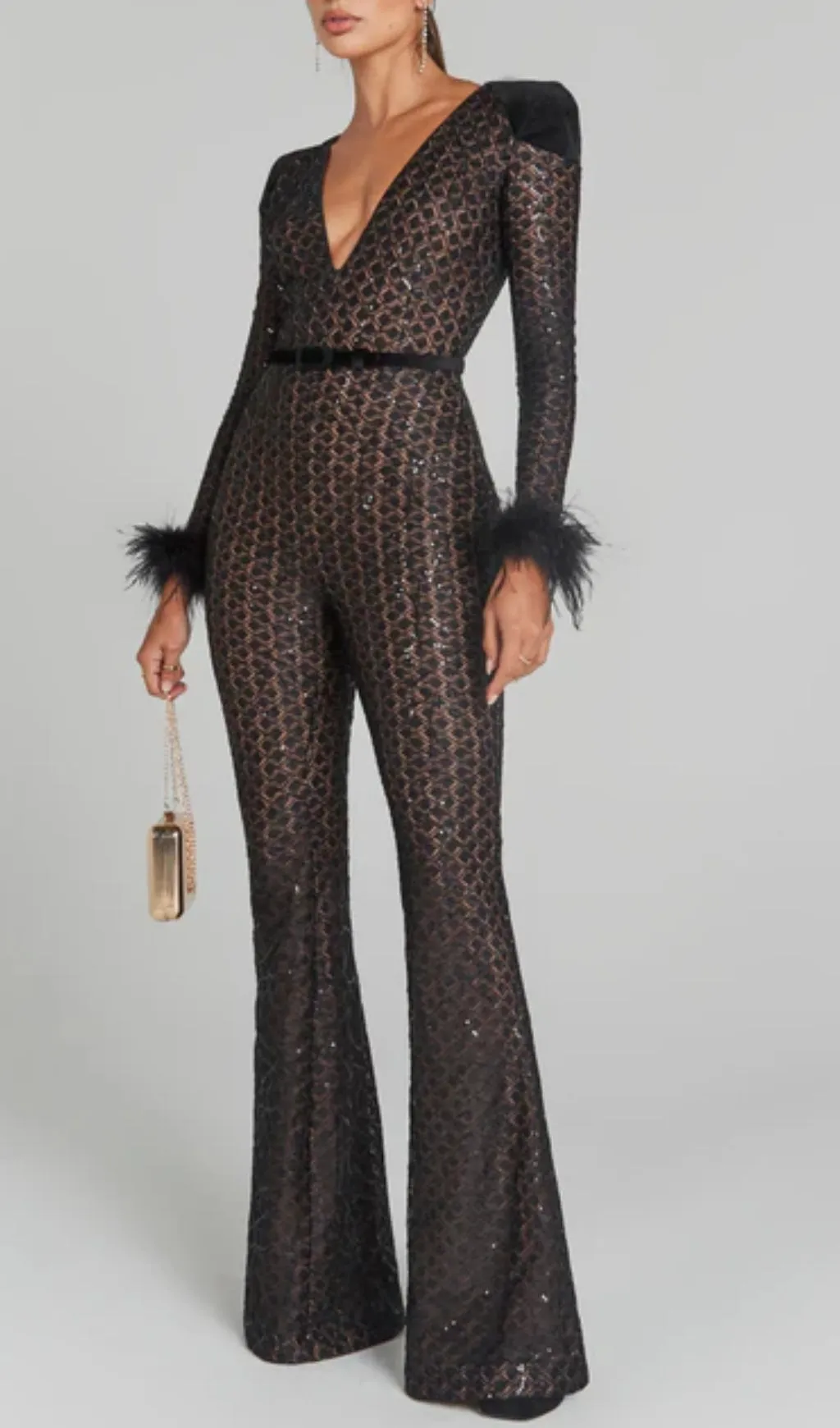 V NECK BANDAGE JUMPSUIT IN BLACK Gloria Lanvin