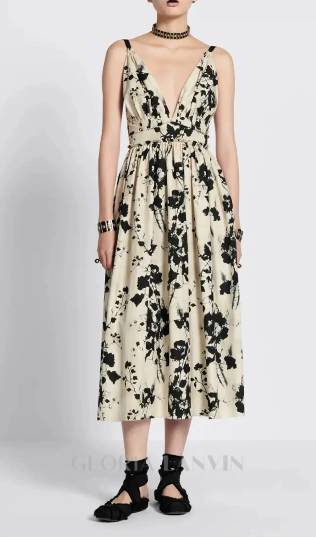 V NECK FLORAL PRINTED MINI DRESS IN WHITE Gloria Lanvin