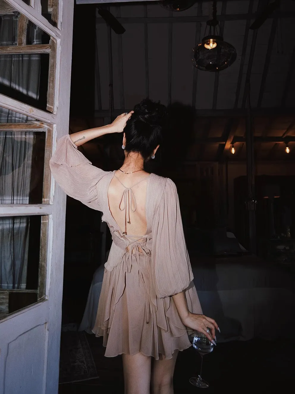V-neck lantern sleeve pleated midi dress in pale coffee Gloria Lanvin