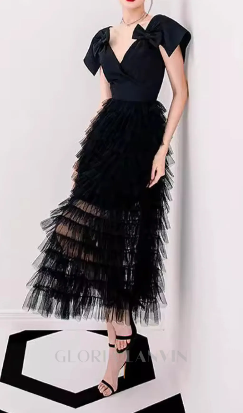 V NECK MESH RUFFLES PATCHWORK BOWKNOT MIDI DRESS Gloria Lanvin