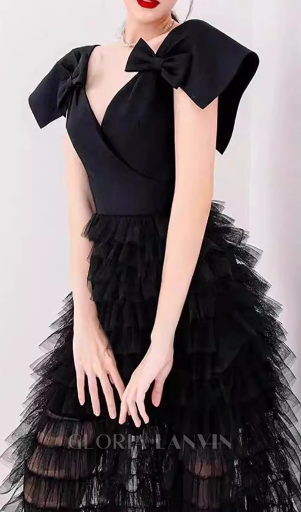 V NECK MESH RUFFLES PATCHWORK BOWKNOT MIDI DRESS Gloria Lanvin