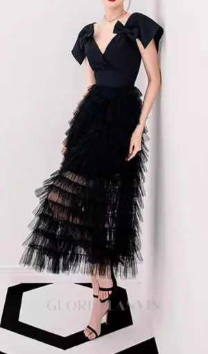 V NECK MESH RUFFLES PATCHWORK BOWKNOT MIDI DRESS Gloria Lanvin