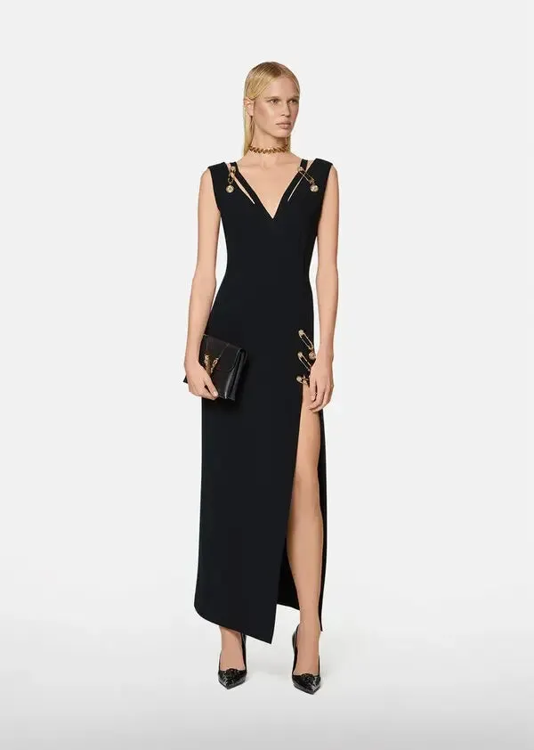 v-neck Pin-embellished maxi Dress in black Gloria Lanvin