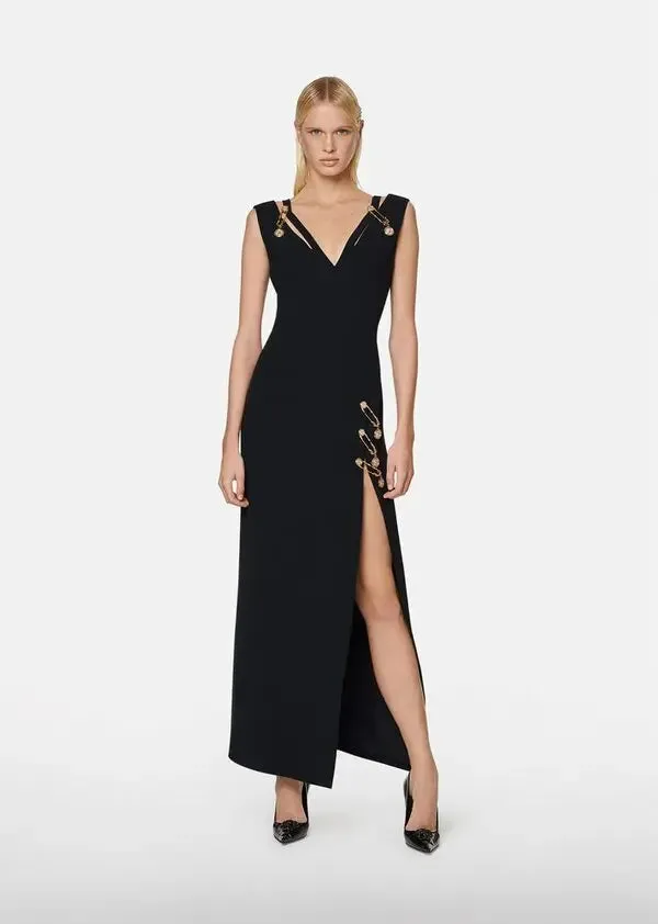 v-neck Pin-embellished maxi Dress in black Gloria Lanvin