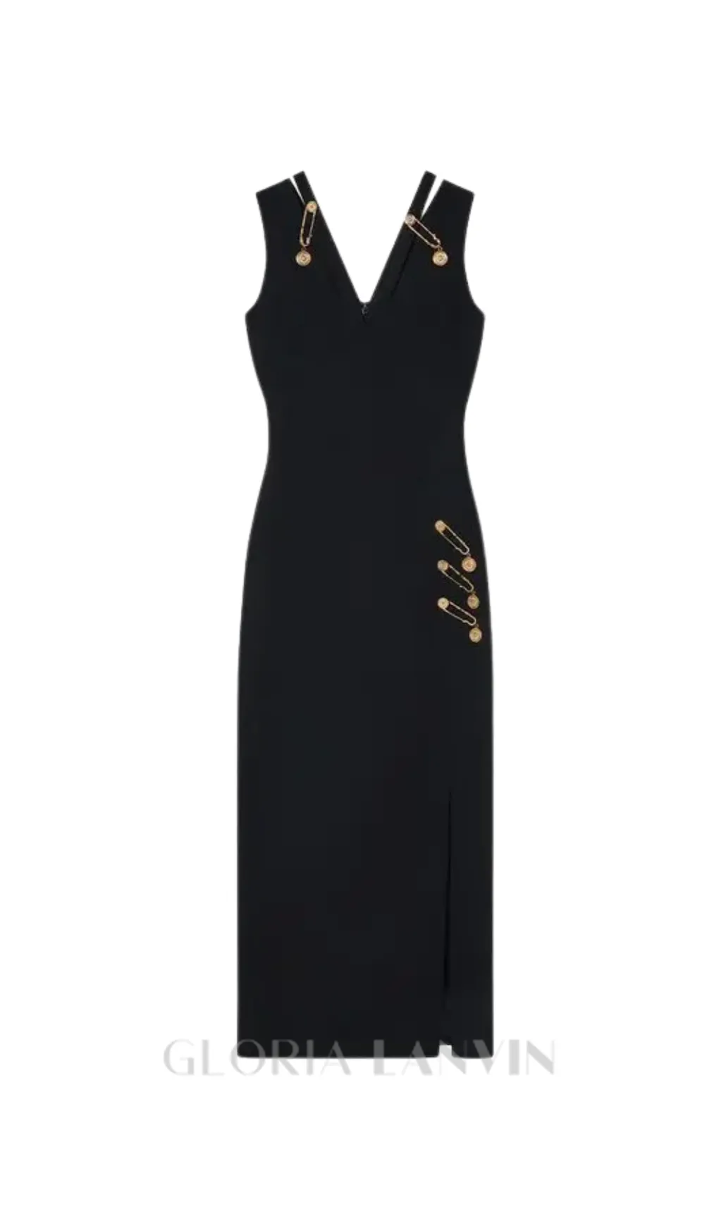 v-neck Pin-embellished maxi Dress in black Gloria Lanvin