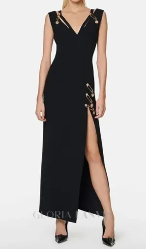 v-neck Pin-embellished maxi Dress in black Gloria Lanvin