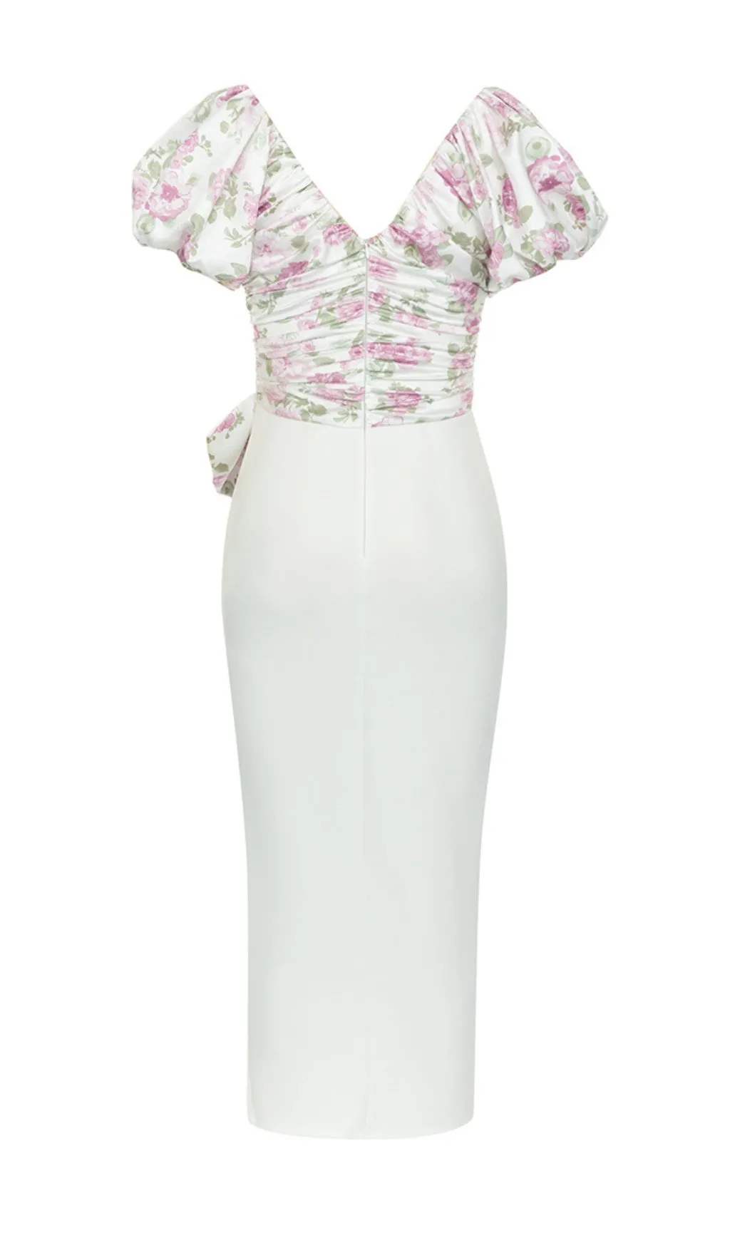 V-NECK PRINTED PUFF SLEEVES GATHERED BOW DRESS Gloria Lanvin