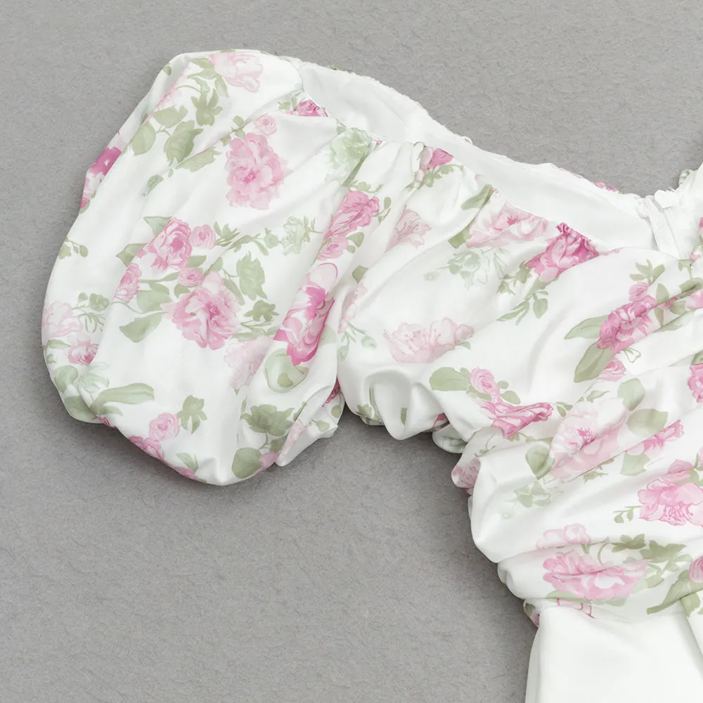 V-NECK PRINTED PUFF SLEEVES GATHERED BOW DRESS Gloria Lanvin