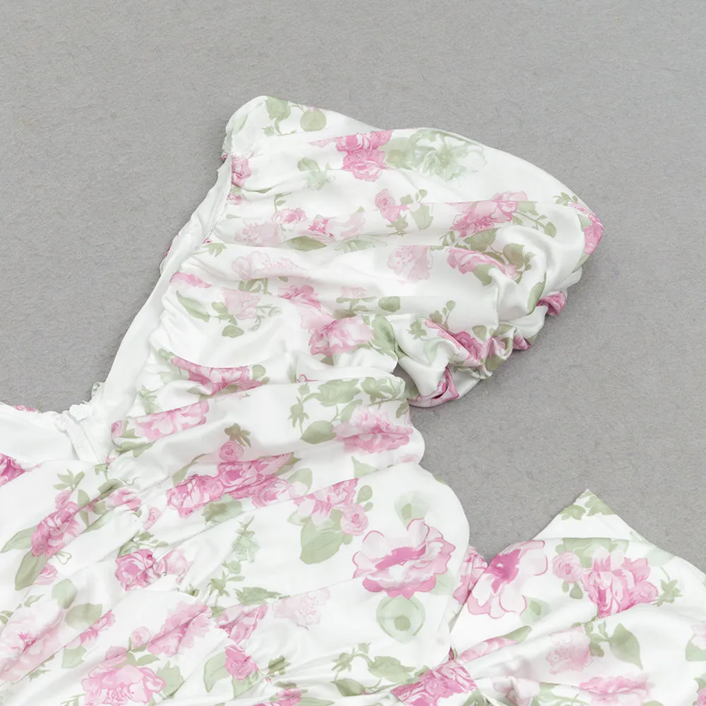 V-NECK PRINTED PUFF SLEEVES GATHERED BOW DRESS Gloria Lanvin