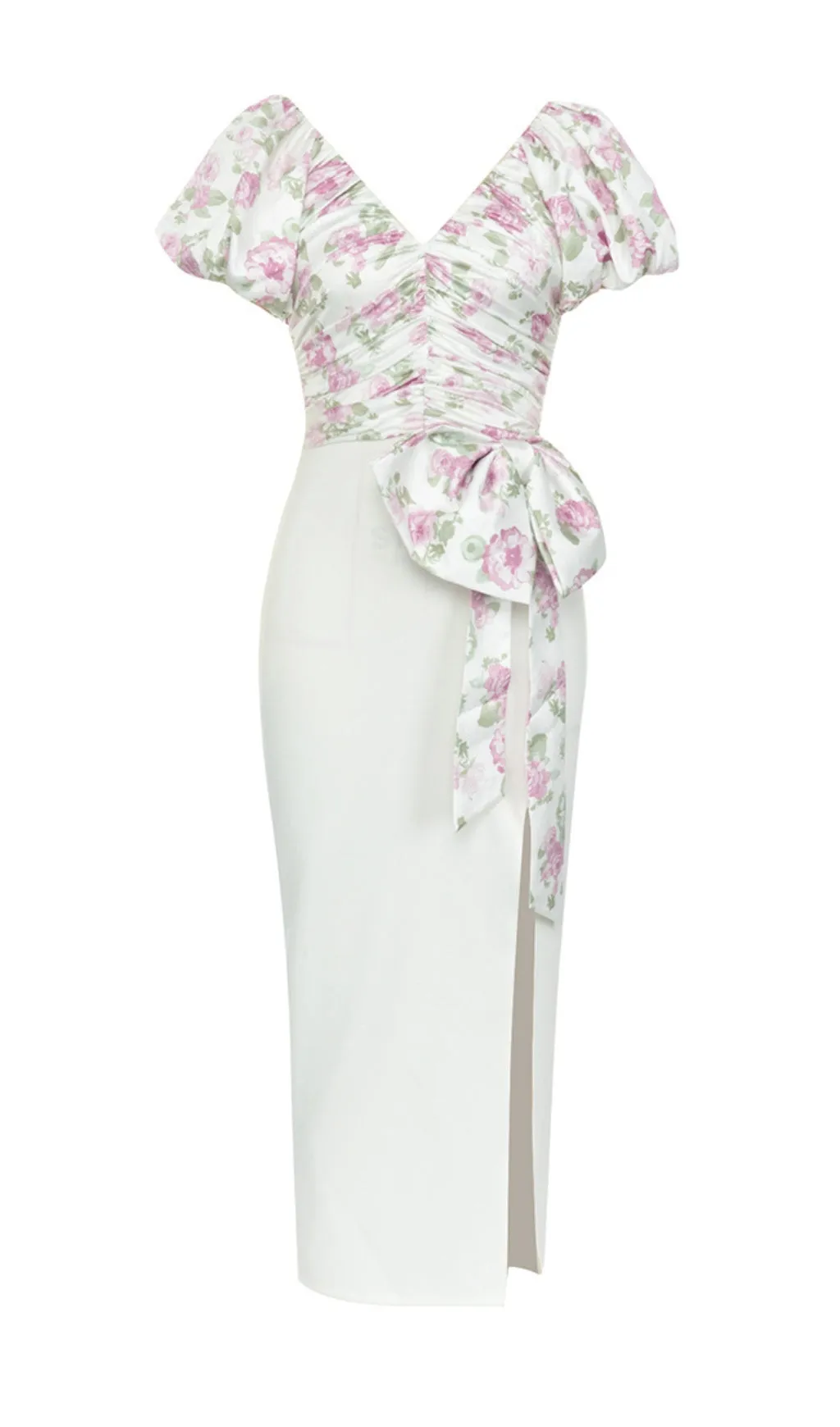 V-NECK PRINTED PUFF SLEEVES GATHERED BOW DRESS Gloria Lanvin