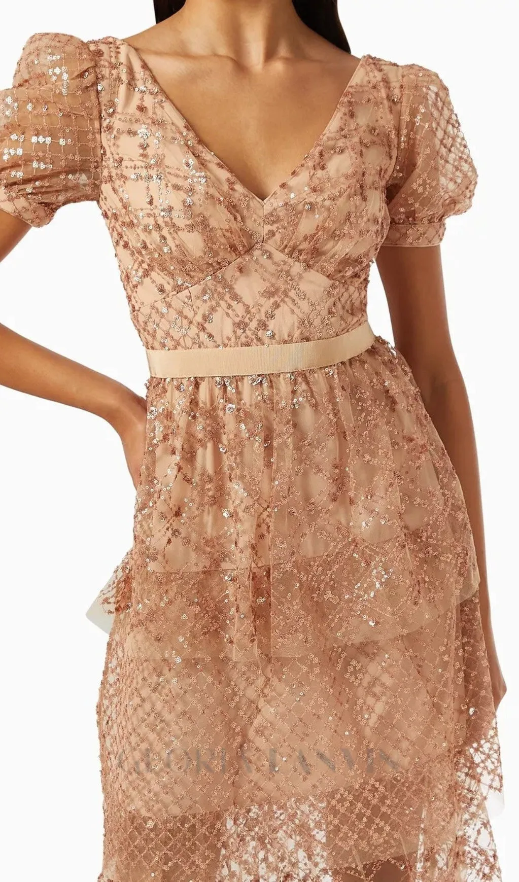 V-NECK SEQUIN TIERED MIDI DRESS Gloria Lanvin