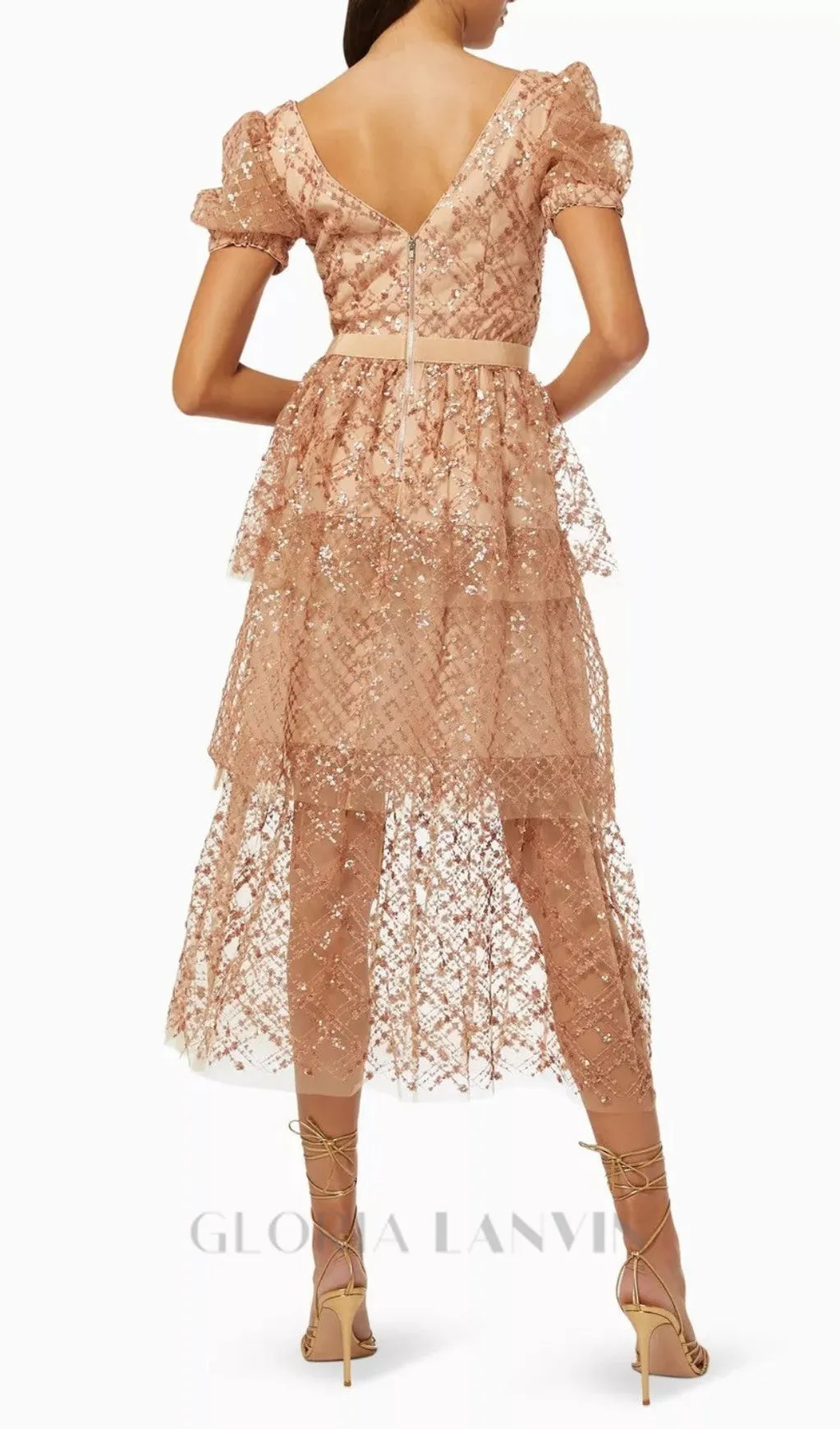 V-NECK SEQUIN TIERED MIDI DRESS Gloria Lanvin