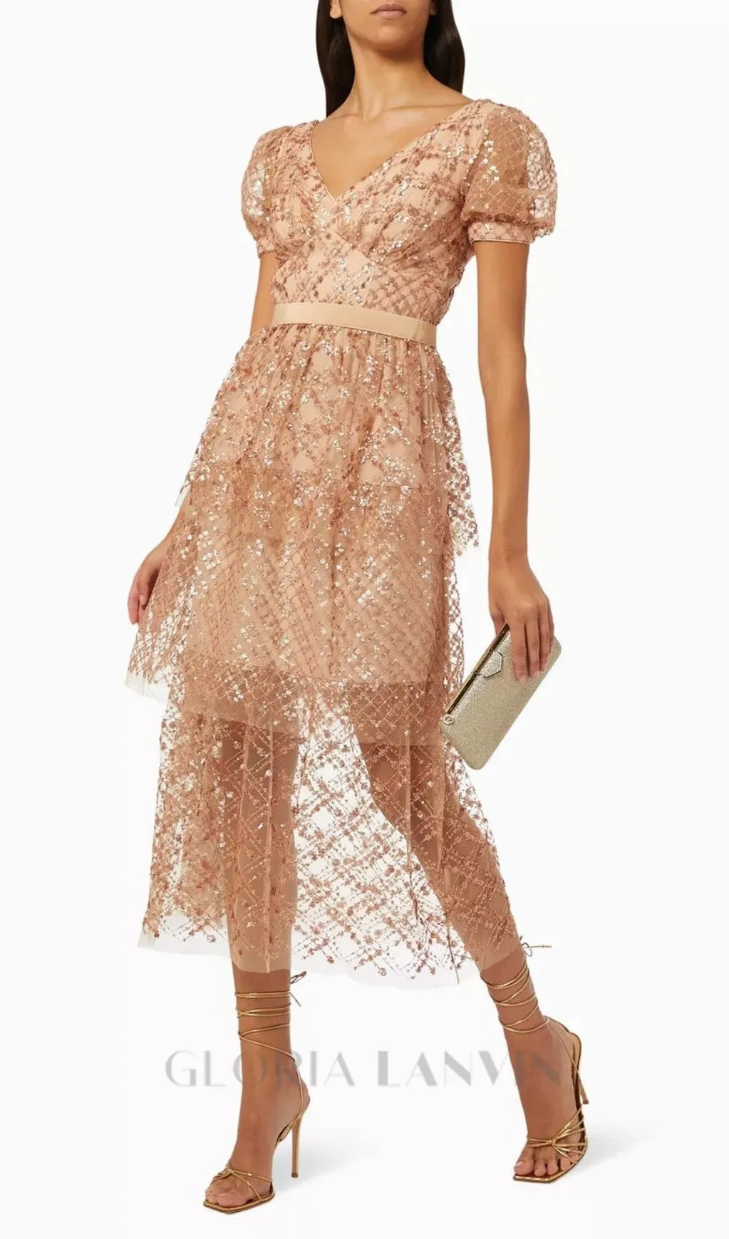 V-NECK SEQUIN TIERED MIDI DRESS Gloria Lanvin