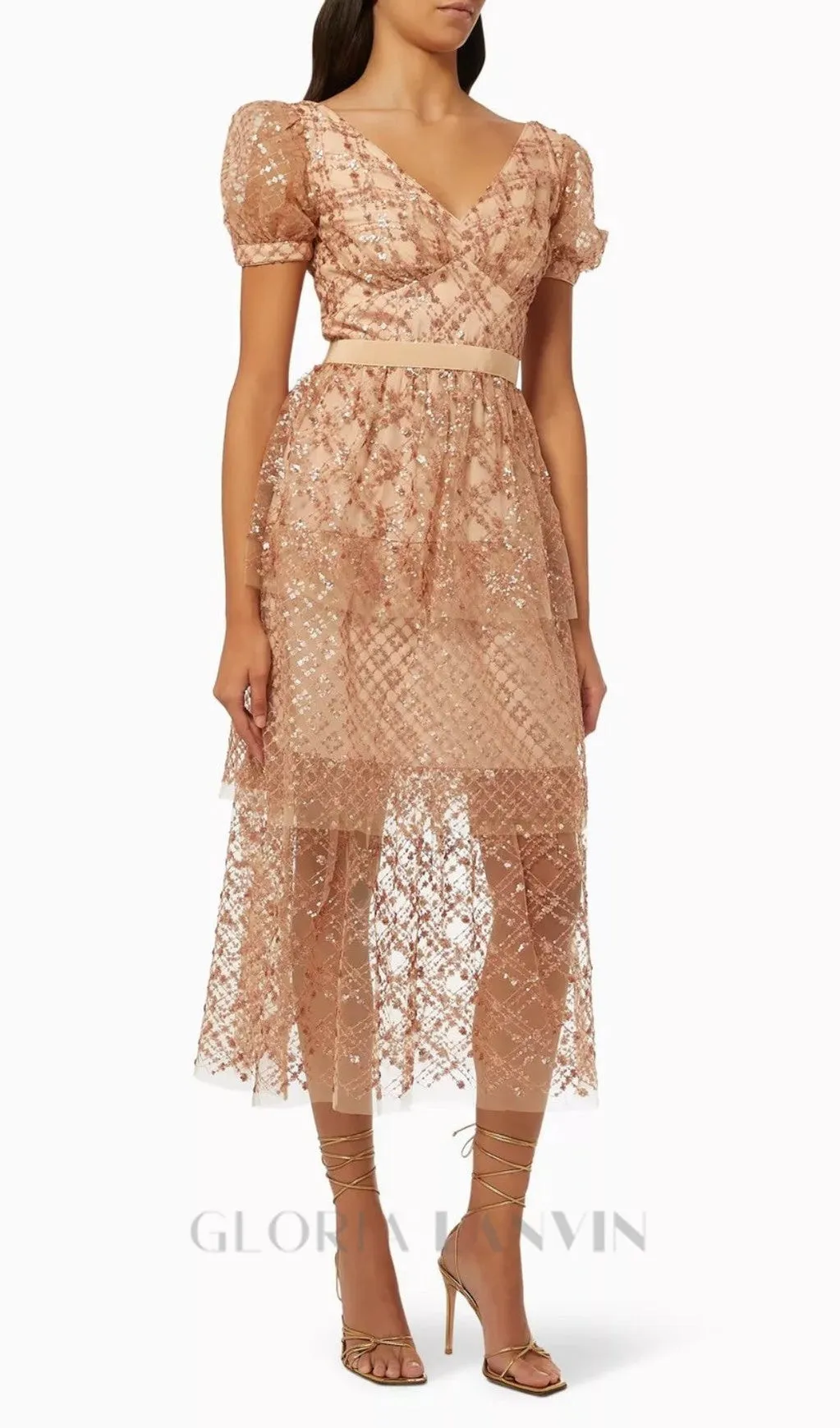V-NECK SEQUIN TIERED MIDI DRESS Gloria Lanvin