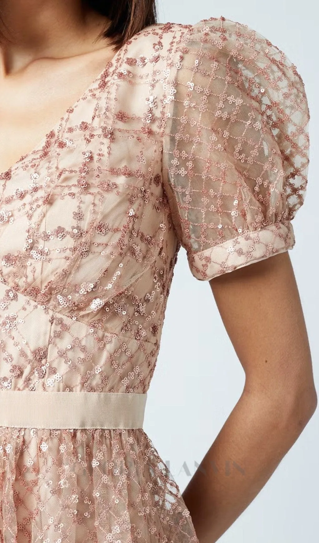 V NECK SEQUIN TIERED MINI DRESS Gloria Lanvin