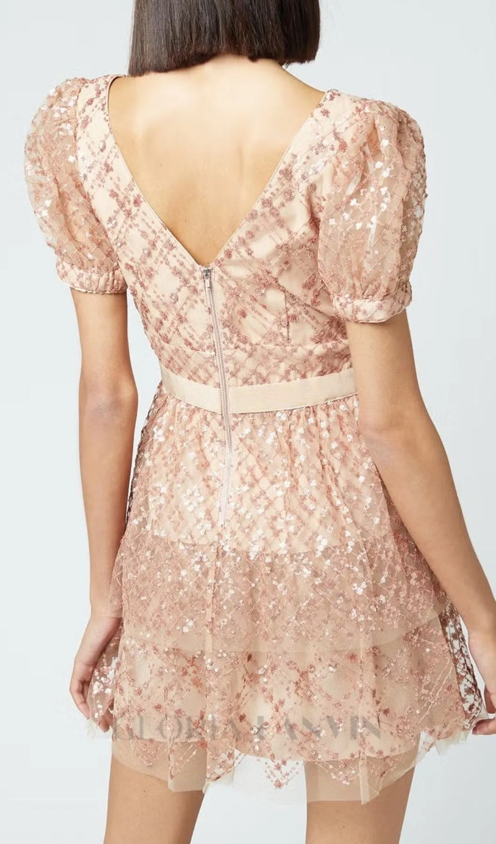 V NECK SEQUIN TIERED MINI DRESS Gloria Lanvin