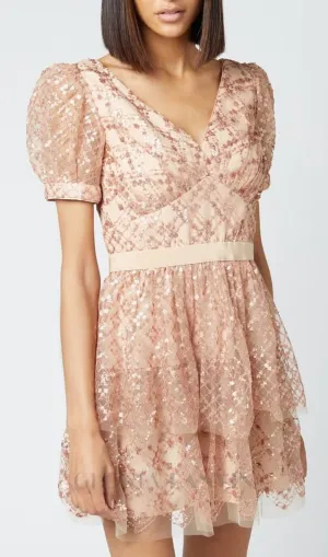 V NECK SEQUIN TIERED MINI DRESS Gloria Lanvin