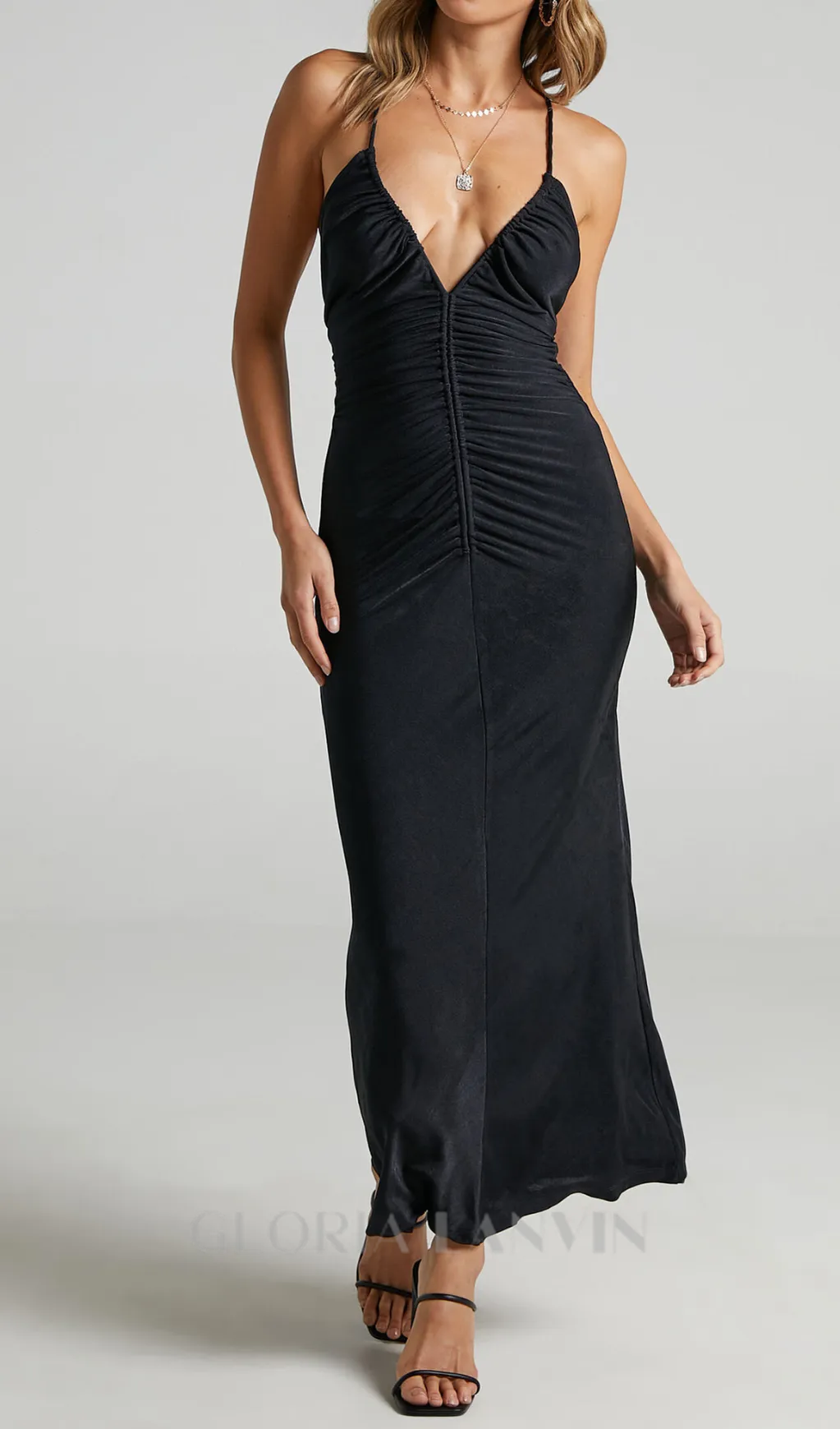 v-neckline pleated bodycon maxi dress in black Gloria Lanvin