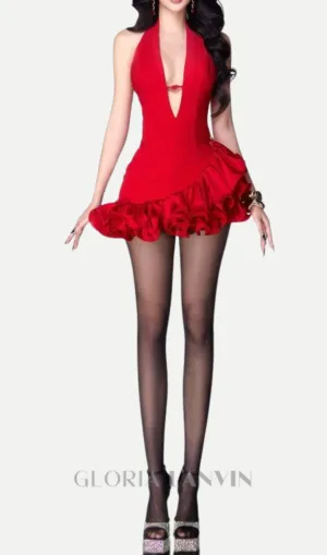 v-neckline ruffle trim mini dress in red Gloria Lanvin