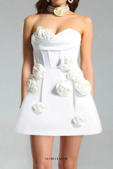 valerie 3d flower embellished strapless mini dress in white Gloria Lanvin
