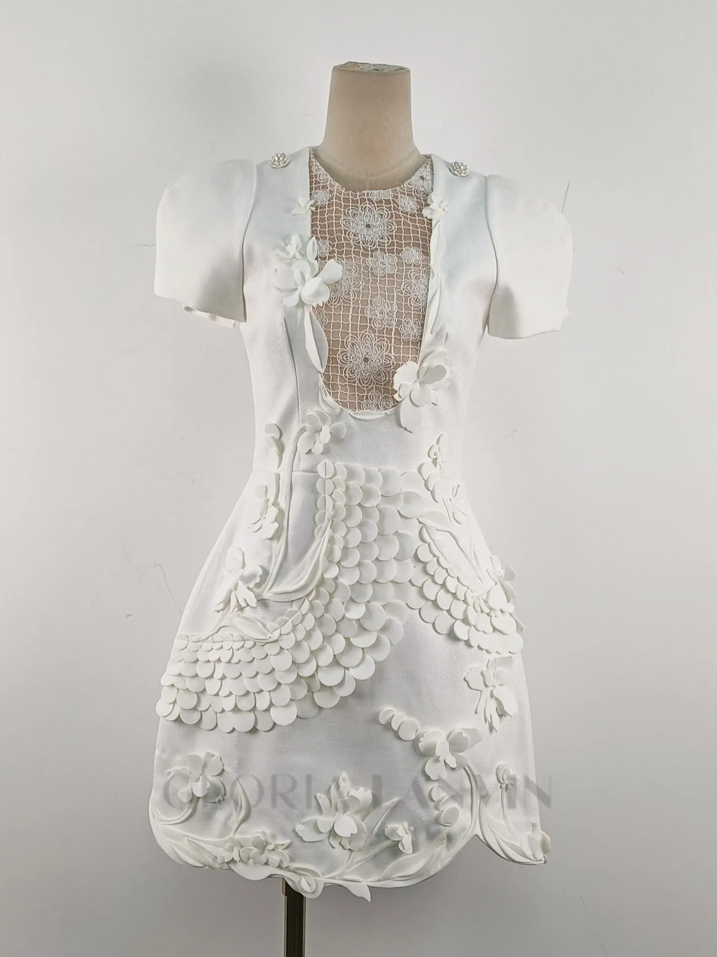 VALERIE EMBROIDERED 3D FLOWER MINI DRESS IN WHITE Gloria Lanvin