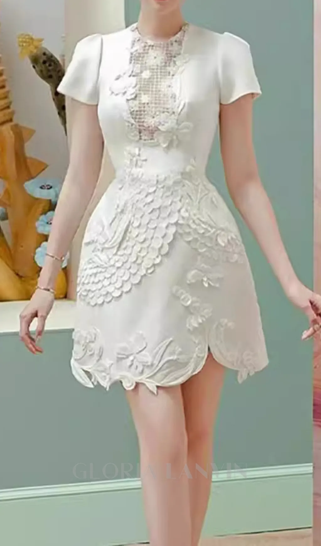 VALERIE EMBROIDERED 3D FLOWER MINI DRESS IN WHITE Gloria Lanvin