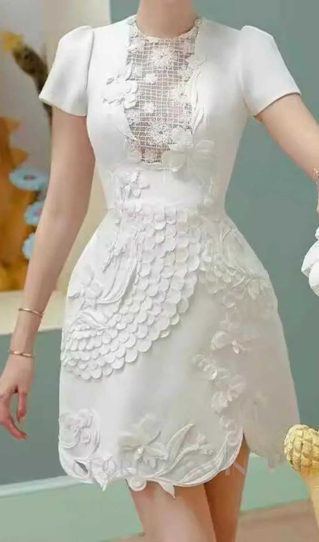 VALERIE EMBROIDERED 3D FLOWER MINI DRESS IN WHITE Gloria Lanvin