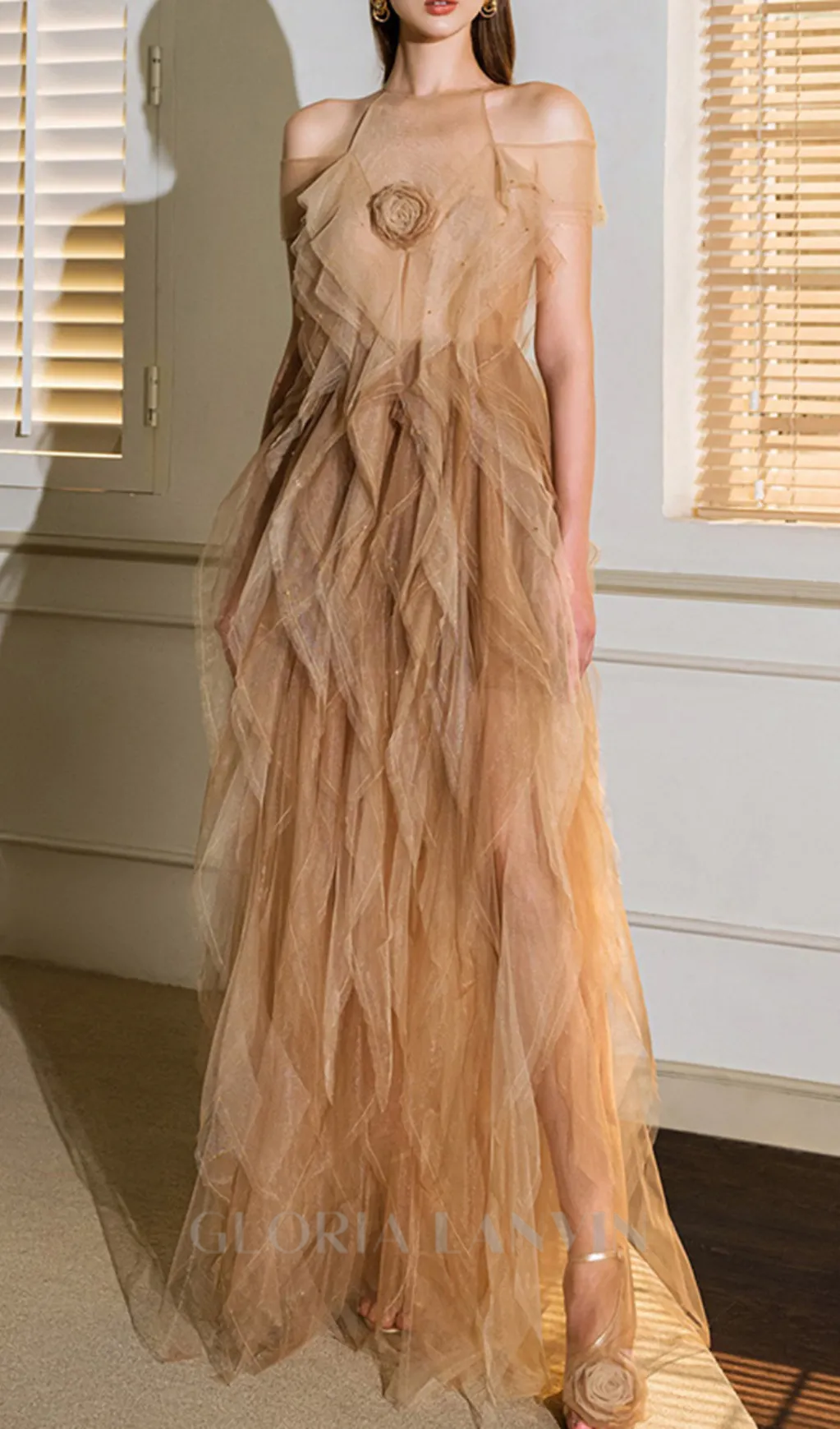 valerie floral ruffled tulle maxi dress in apricot Gloria Lanvin