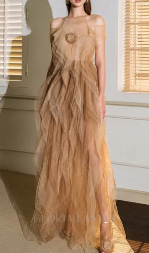 valerie floral ruffled tulle maxi dress in apricot Gloria Lanvin