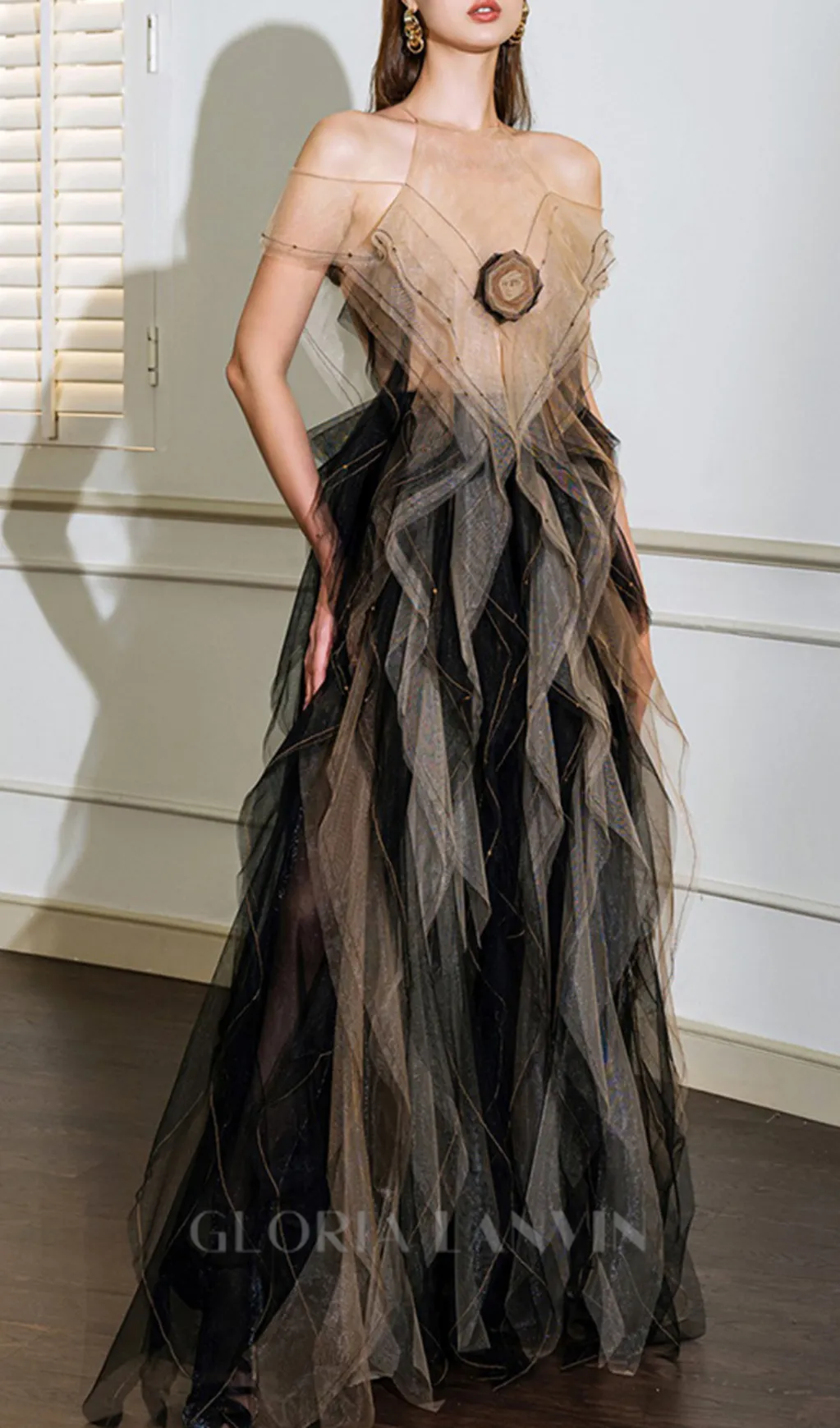 valerie floral ruffled tulle maxi dress in black Gloria Lanvin