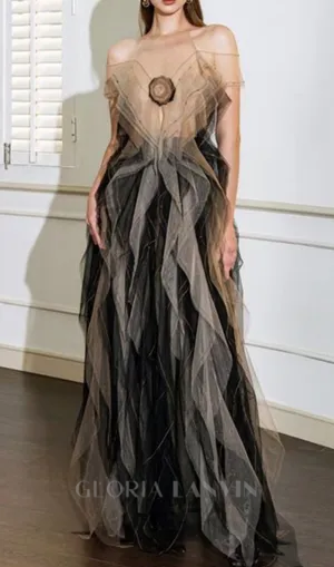 valerie floral ruffled tulle maxi dress in black Gloria Lanvin
