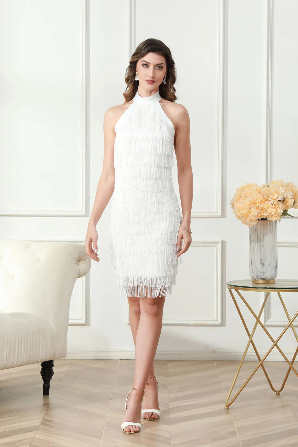 vanessa Halter Sleeveless Tassel Bandage Mini Dress in white Gloria Lanvin