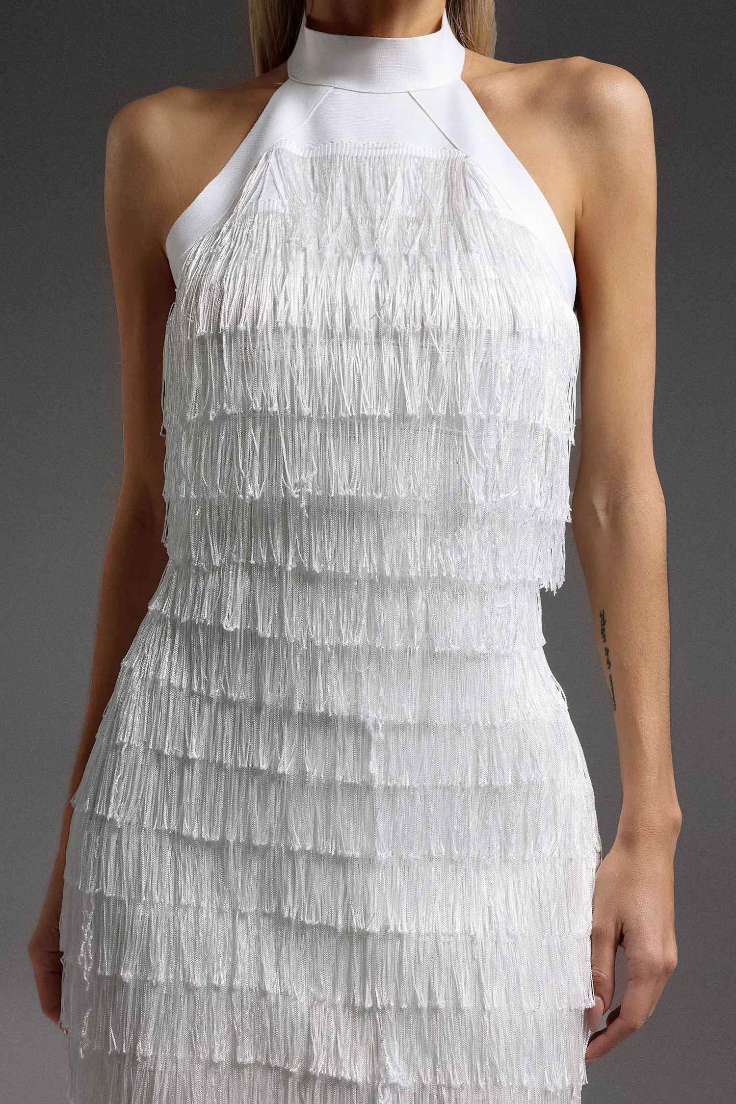 vanessa Halter Sleeveless Tassel Bandage Mini Dress in white Gloria Lanvin