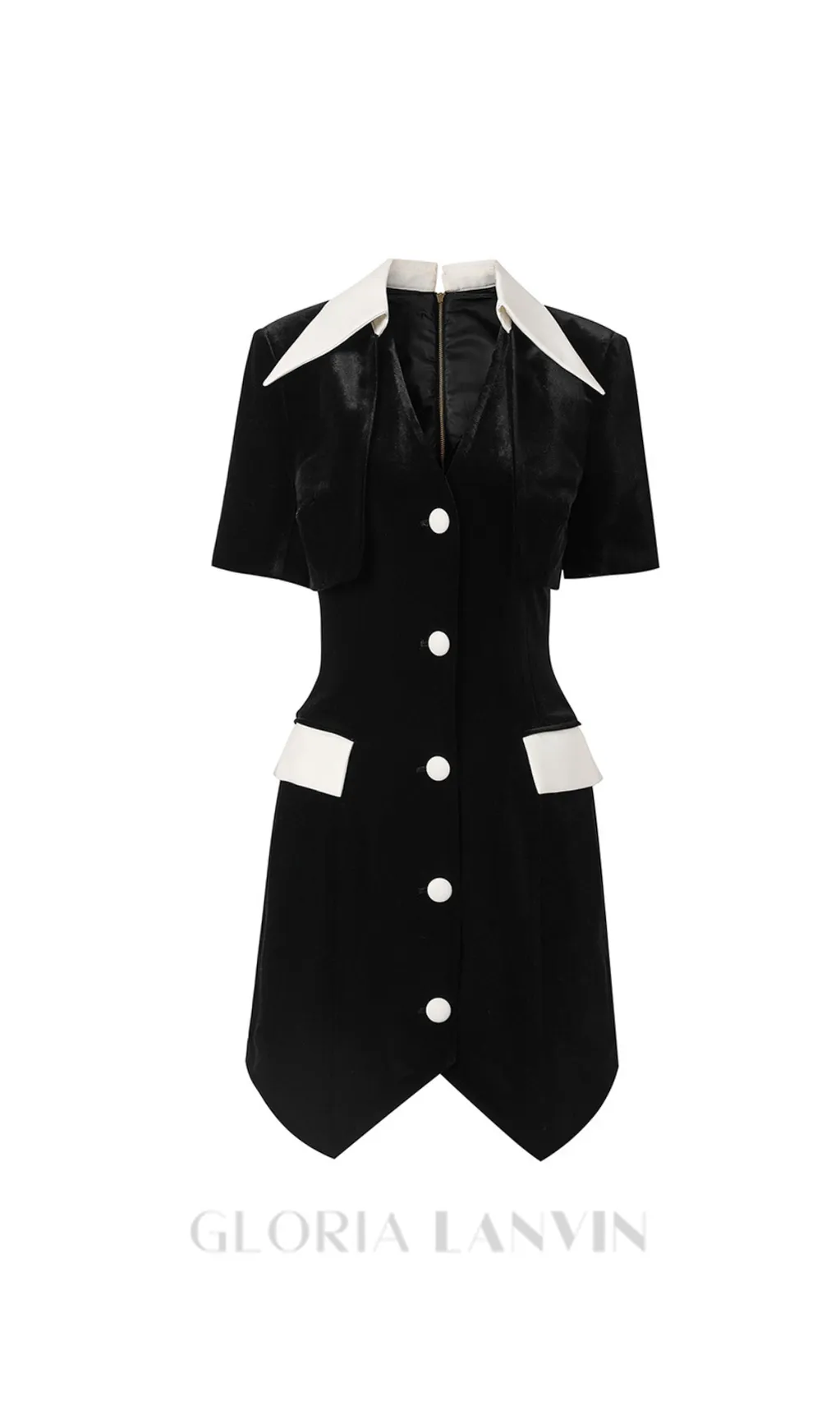 Velvet Button Short Sleeve Mini Dress in black Gloria Lanvin