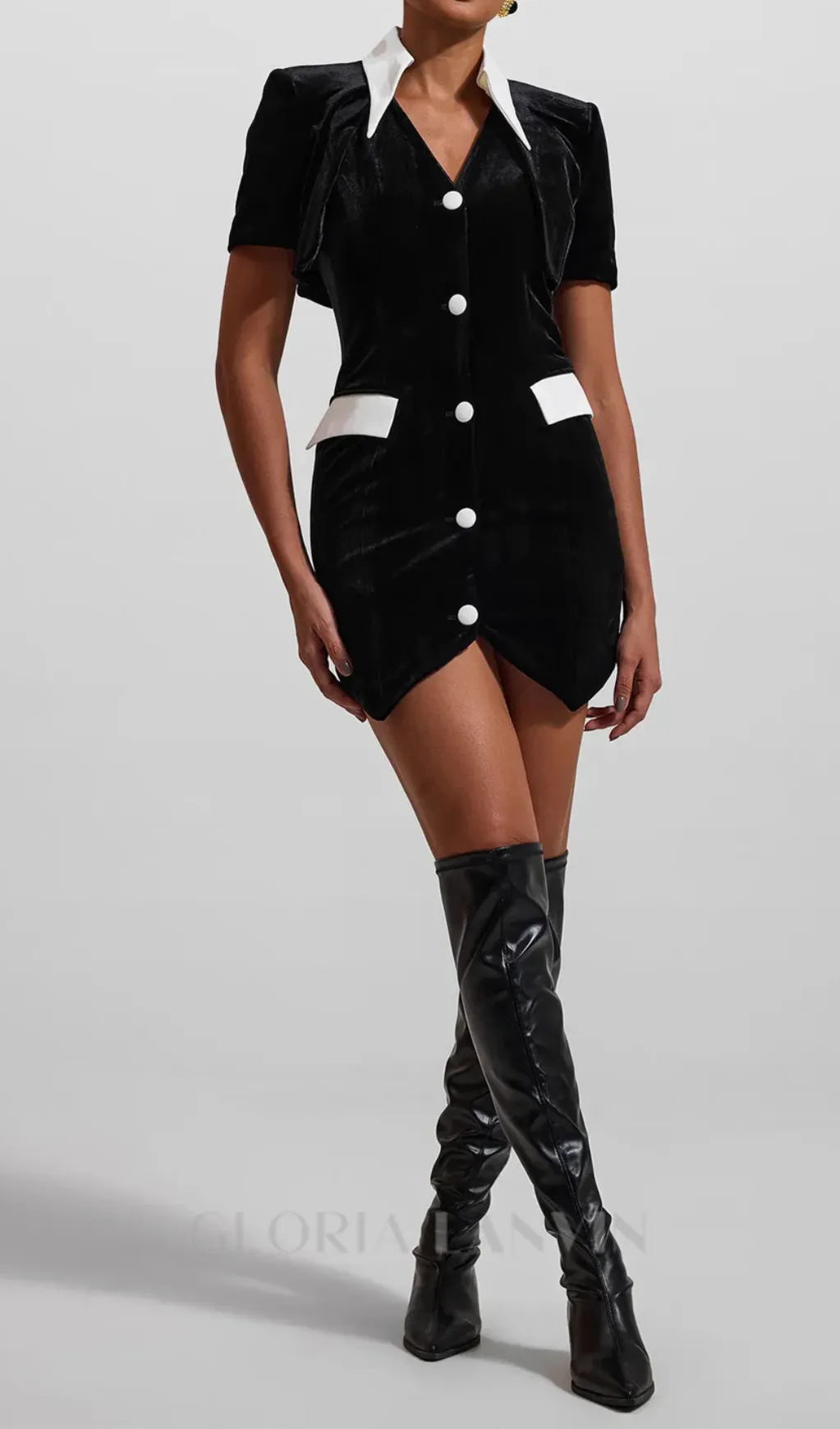 Velvet Button Short Sleeve Mini Dress in black Gloria Lanvin