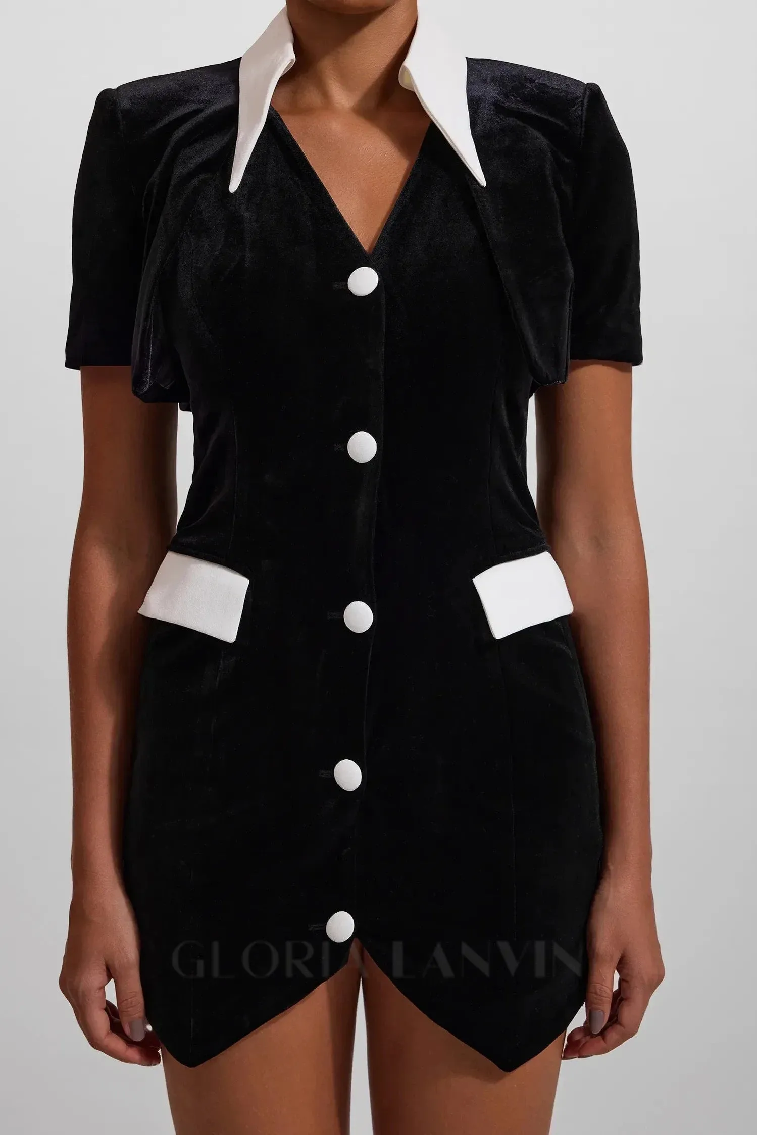 Velvet Button Short Sleeve Mini Dress in black Gloria Lanvin