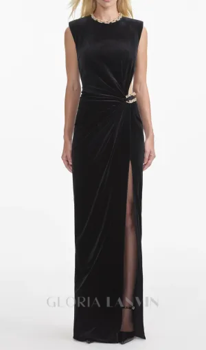 velvet crystal embellished maxi dress in black Gloria Lanvin