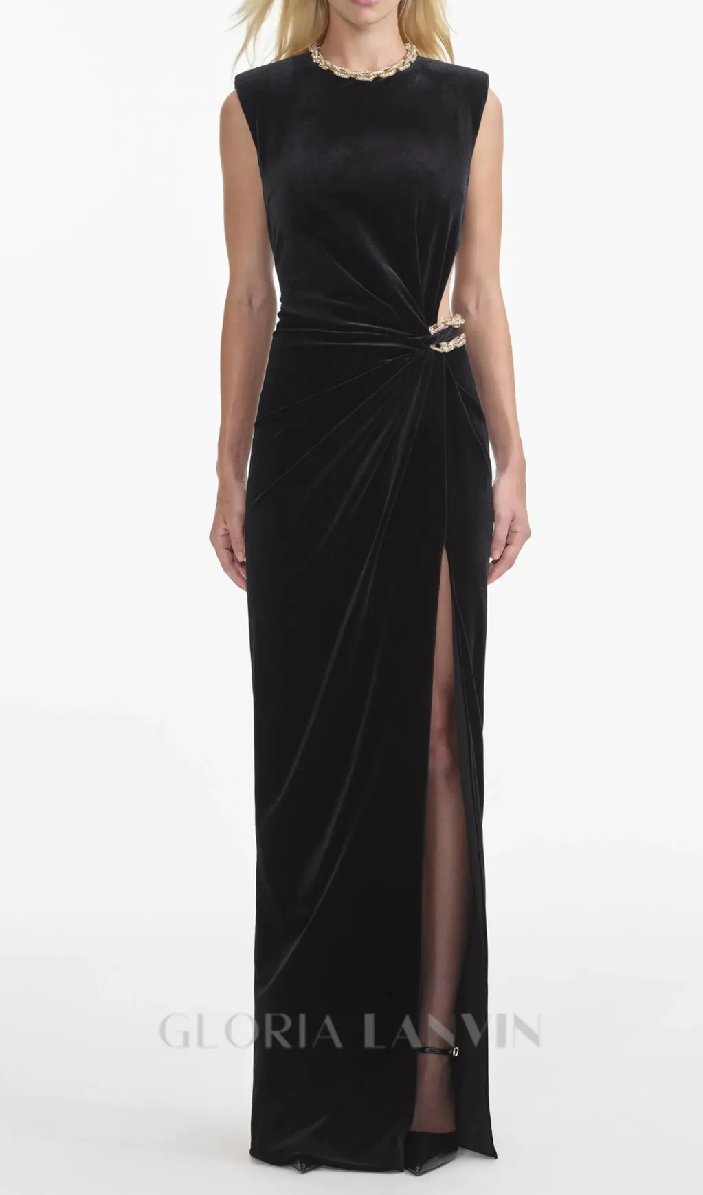 velvet crystal embellished maxi dress in black Gloria Lanvin