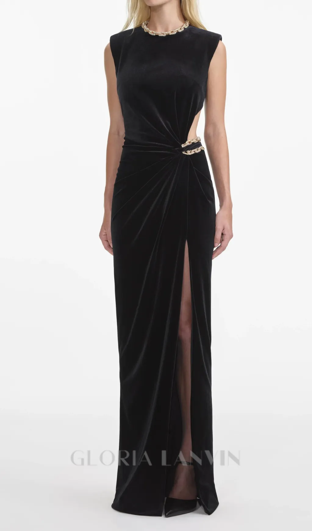 velvet crystal embellished maxi dress in black Gloria Lanvin