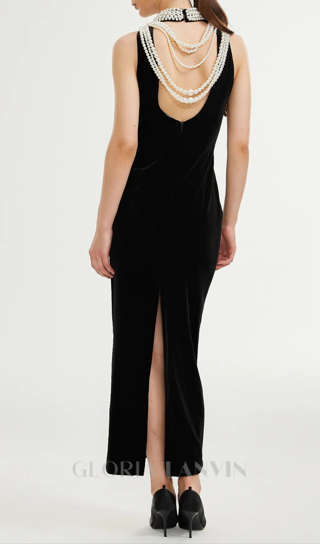 Velvet Faux Pearl Sleeveless Midi Dress Gloria Lanvin
