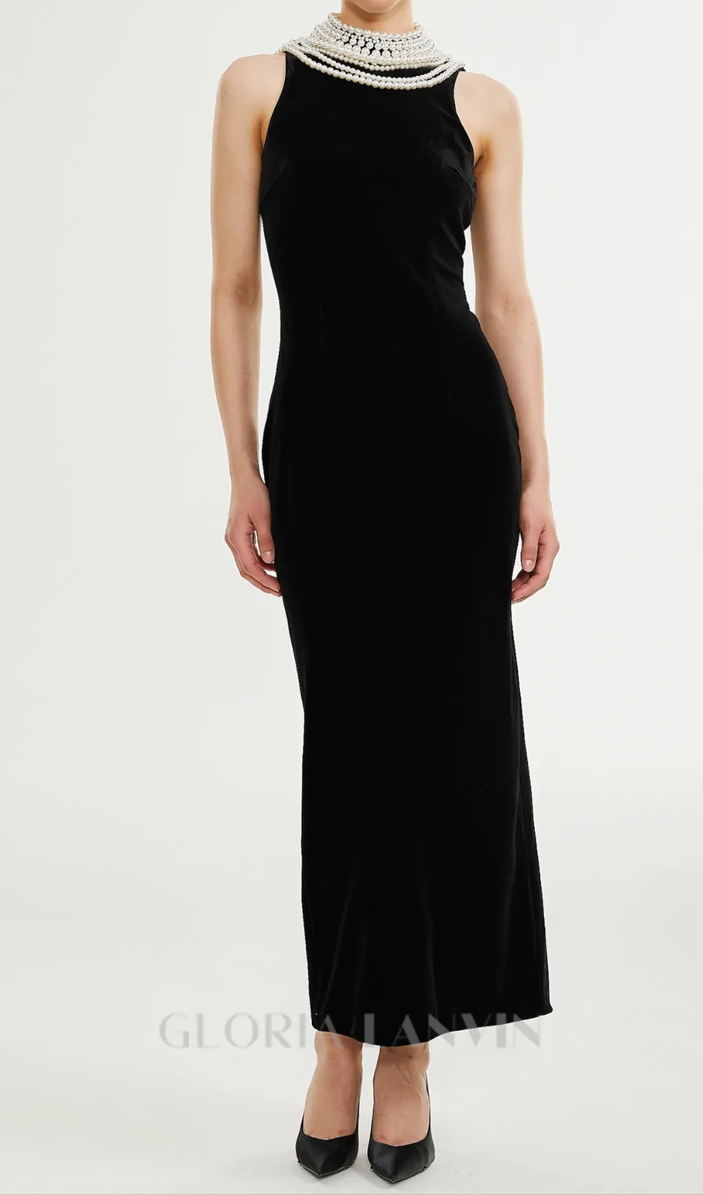 Velvet Faux Pearl Sleeveless Midi Dress Gloria Lanvin
