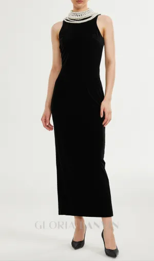 Velvet Faux Pearl Sleeveless Midi Dress Gloria Lanvin