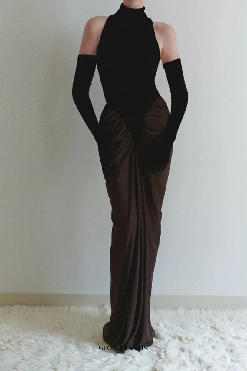 velvet mesh patchwork maxi dress in black Gloria Lanvin