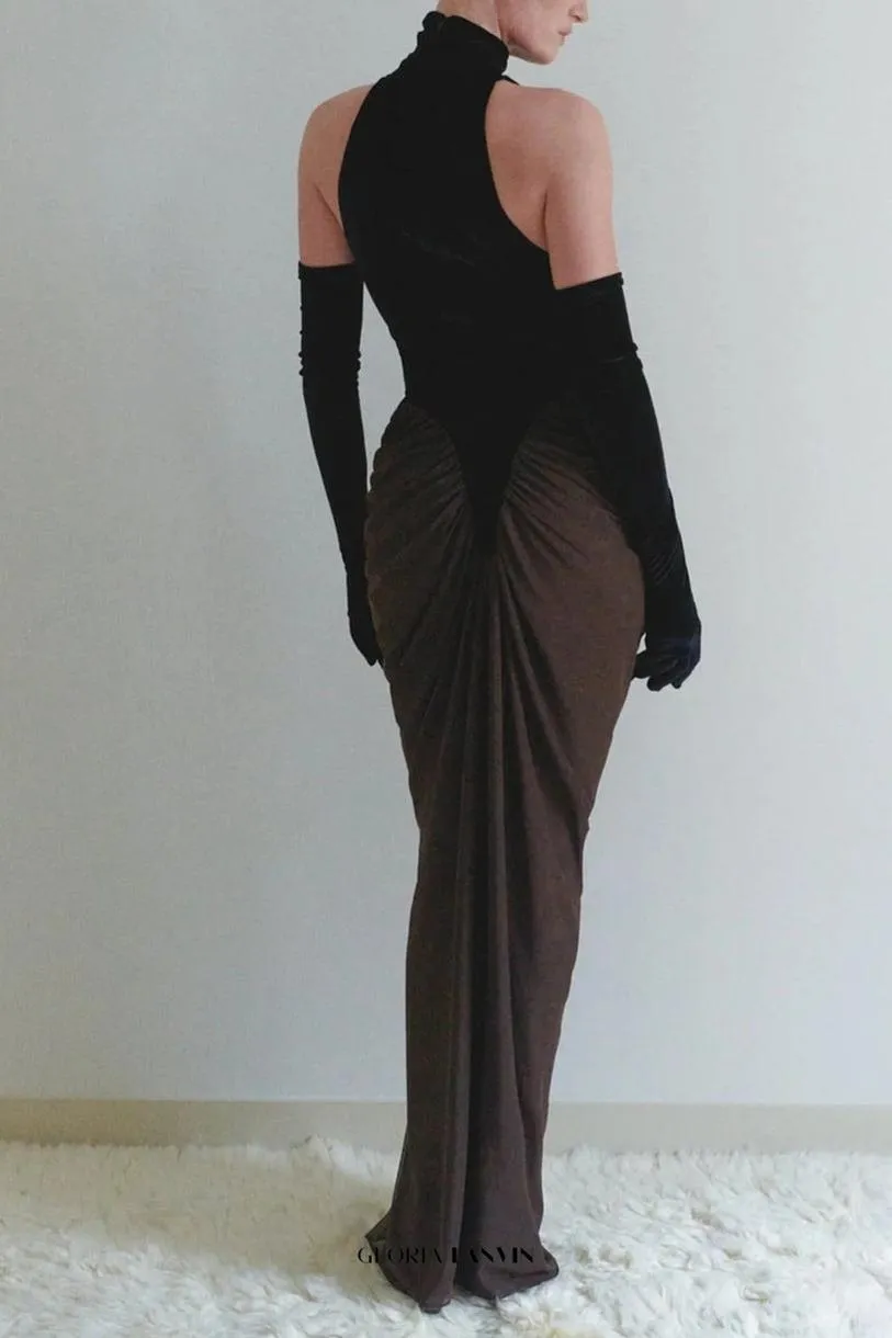 velvet mesh patchwork maxi dress in black Gloria Lanvin