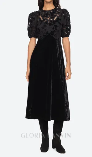 Velvet Puff Sleeve Embroidered Midi Dress in black Gloria Lanvin