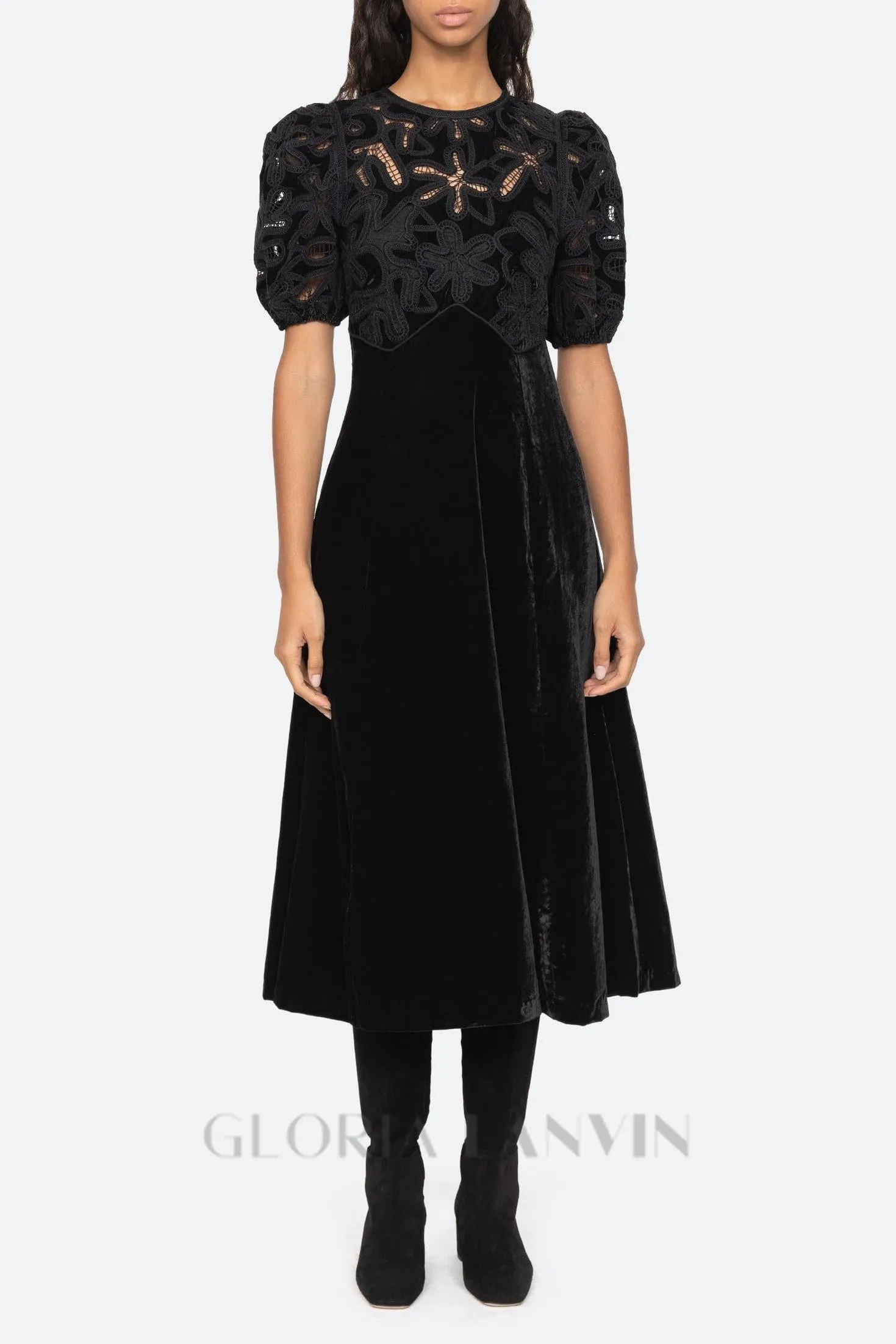 Velvet Puff Sleeve Embroidered Midi Dress in black Gloria Lanvin